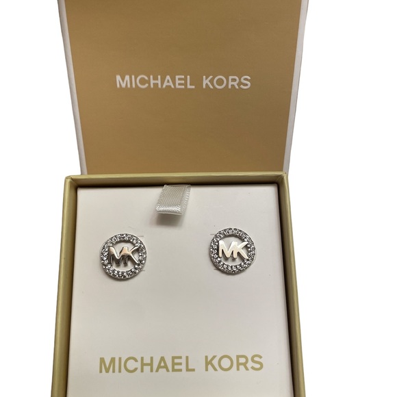 Michael Kors  Brass Silver-tone Pavé Crystal MK Logo Earrings NWT - Picture 3 of 5